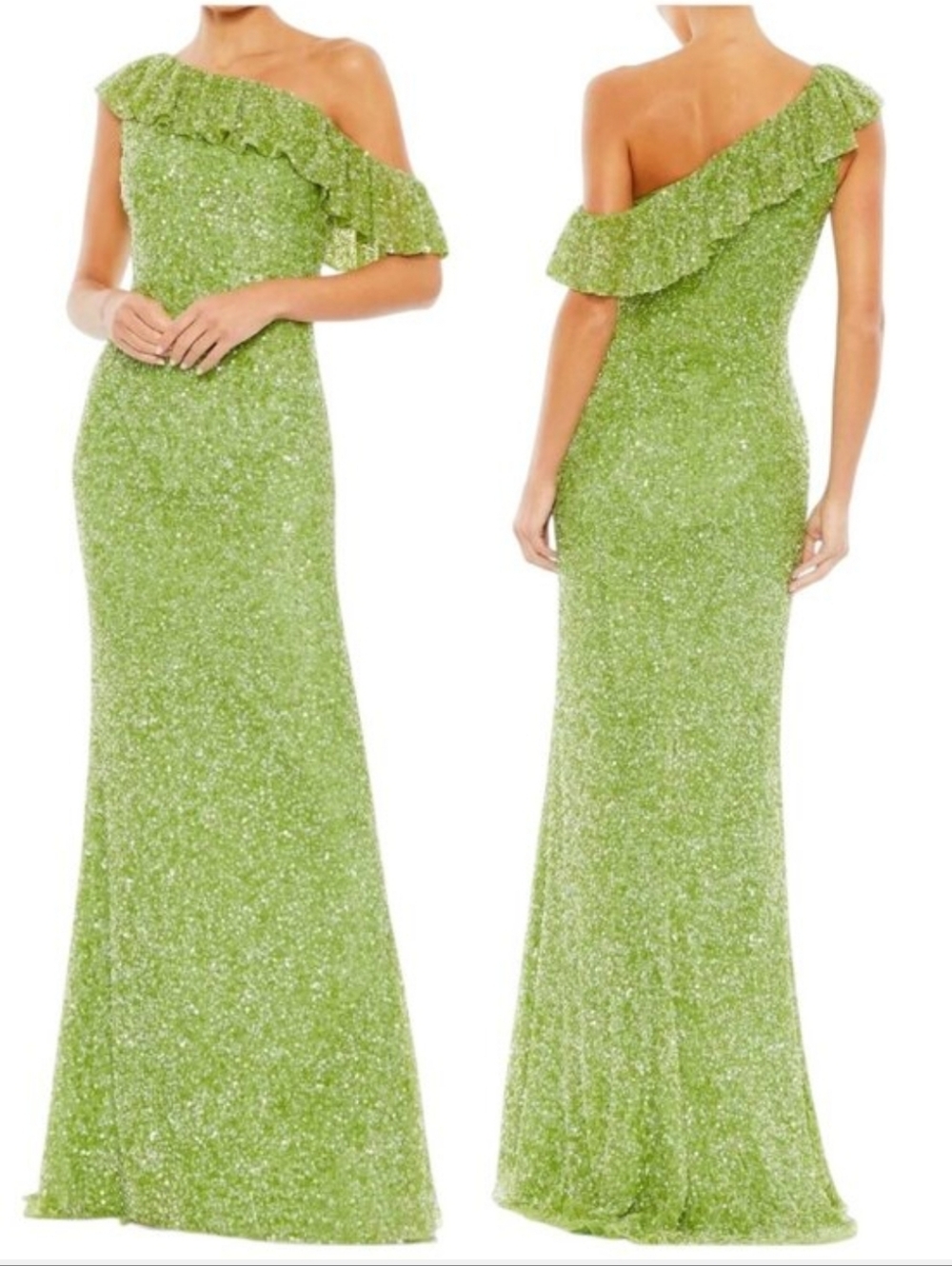 Mac Duggal 5611 Asymmetric Neckline Sequin Dress NWT Size 2 Key Lime Green